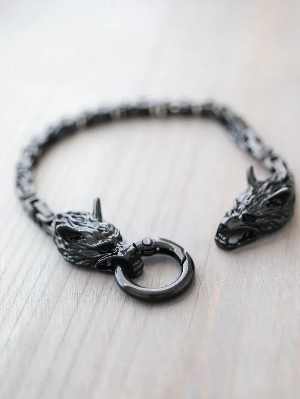 Wolf Double Head Viking Style Byzantine Chain Bracelet Black Stainless Steel